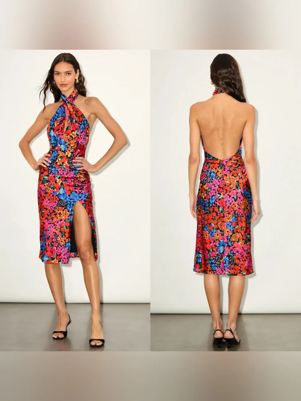 Lulu's Multicolor Floral Halter Midi Dress with High Slit - Picture 1 of 8